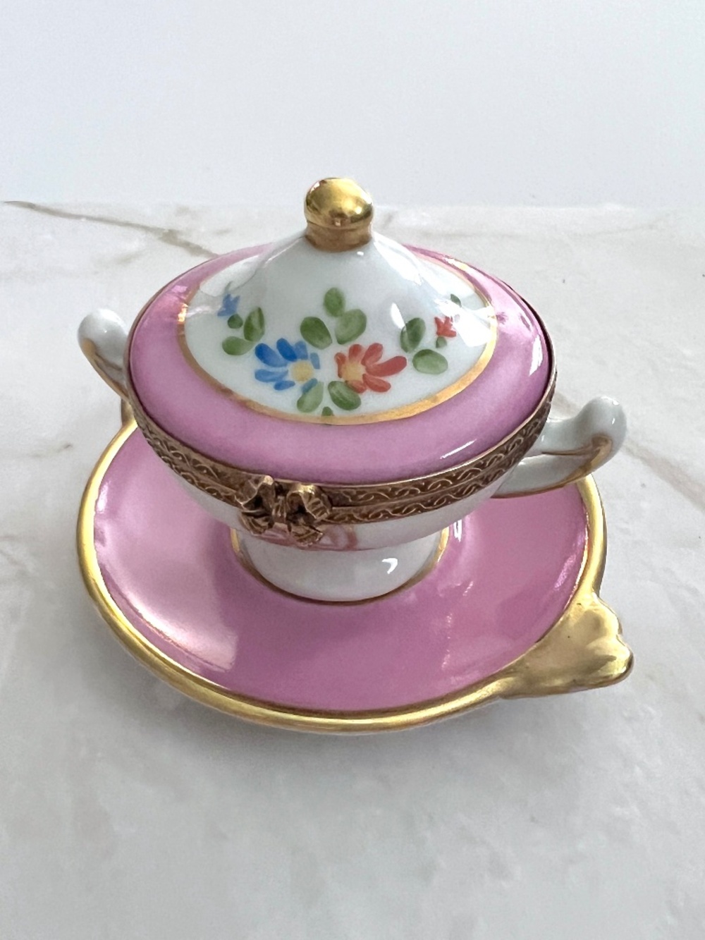 Vintage Limoges France Tureen Trinket Box & Plate Set Hand Painted Floral Peint